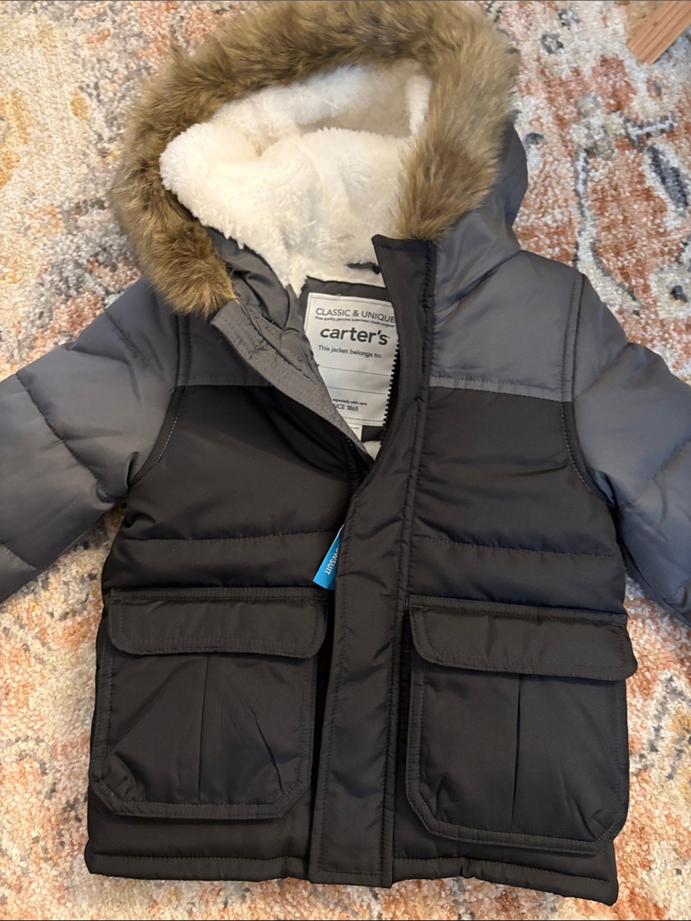 Carter's Black and Gray Faux Fur-Trim Hooded Puffer Coat